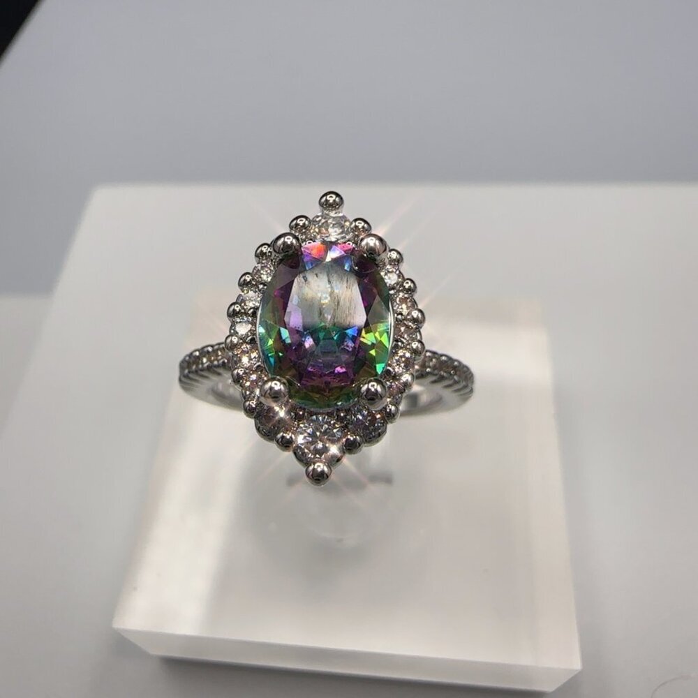 Rainbow Zircon Teardrop Halo Ring With Silvertone Band